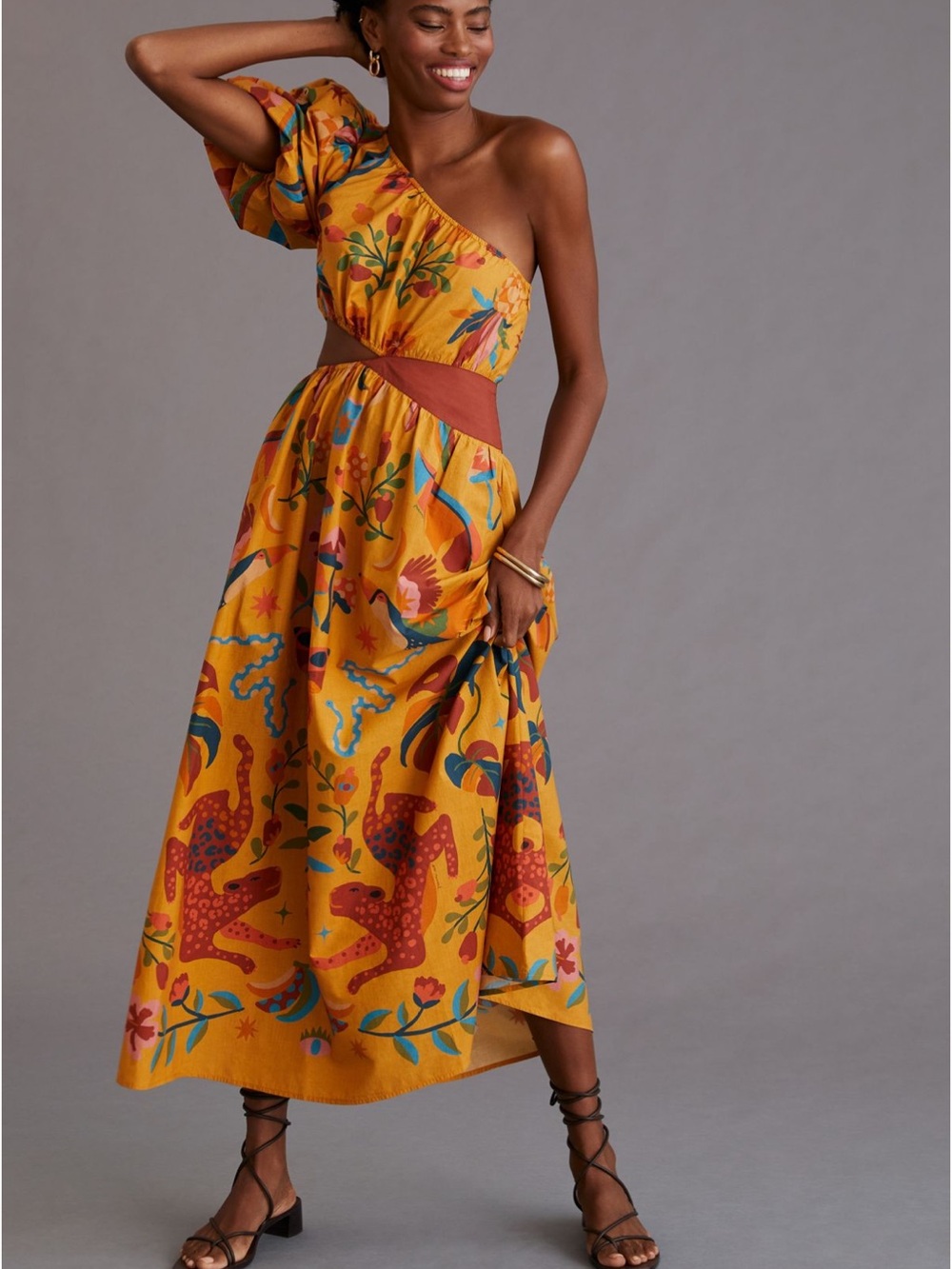 FARM Rio Mustard One-Shoulder Maxi Dress Multicolor Print Anthropologie new